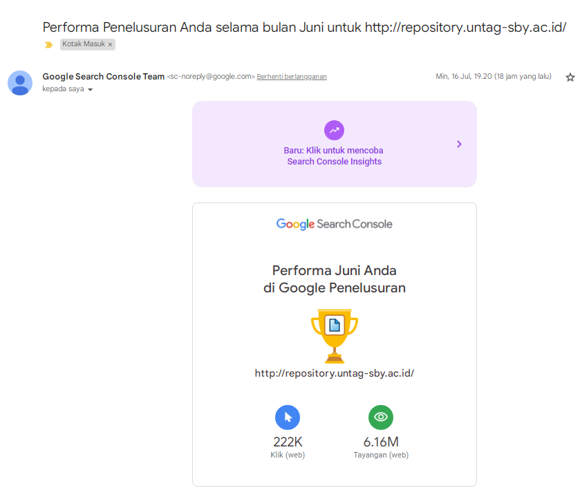 Performa repository Untag  selama bulan Juni 2023 di Google Penelusuran