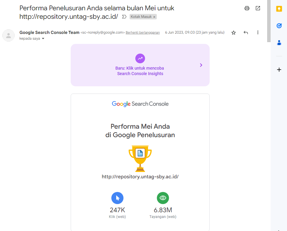 Performa repository Untag  selama bulan Mei 2023 di Google Penelusuran